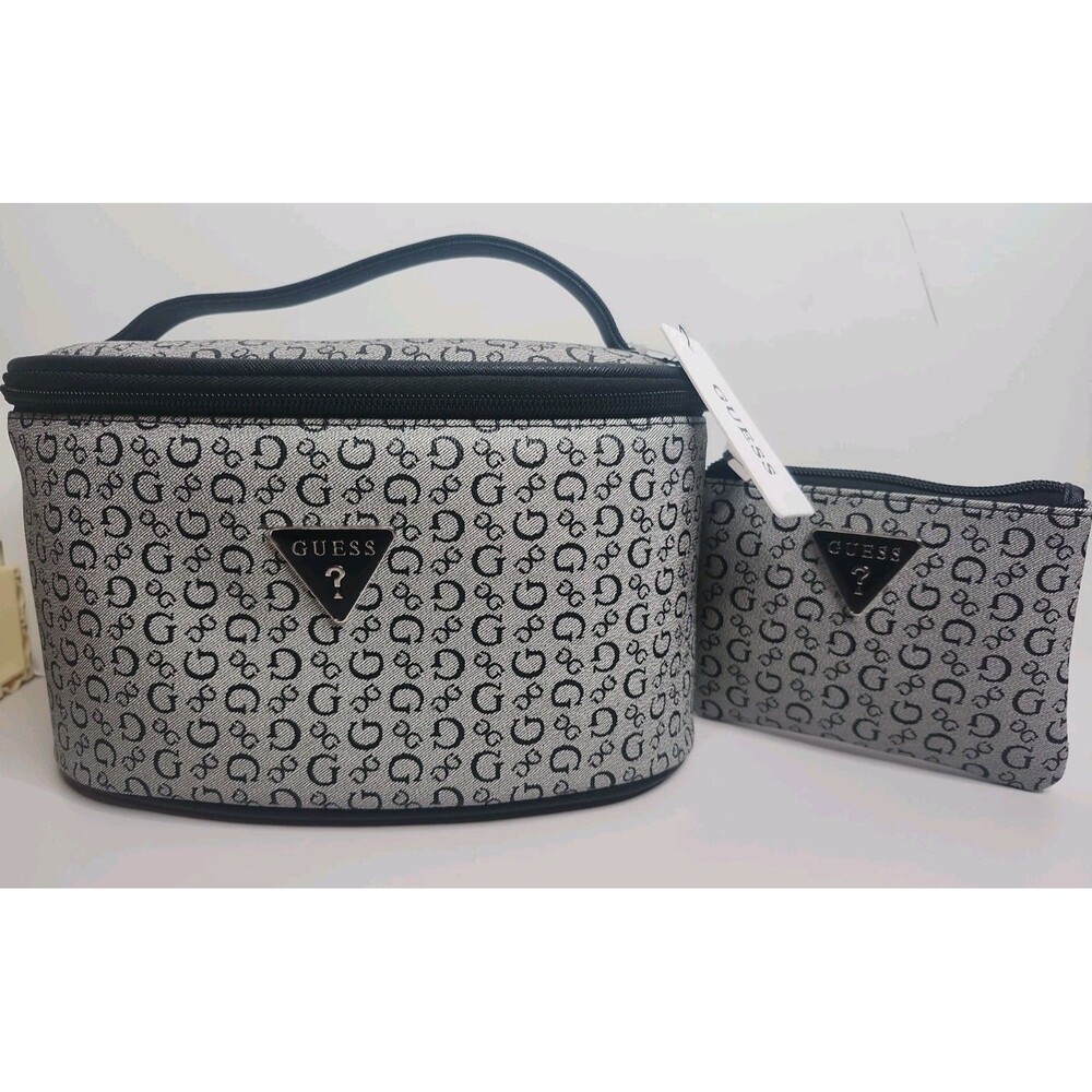 Guess Junction Cosmetic Case Make Up Bag Lunchbox W/ Wallet Pouch Black Grey NWT